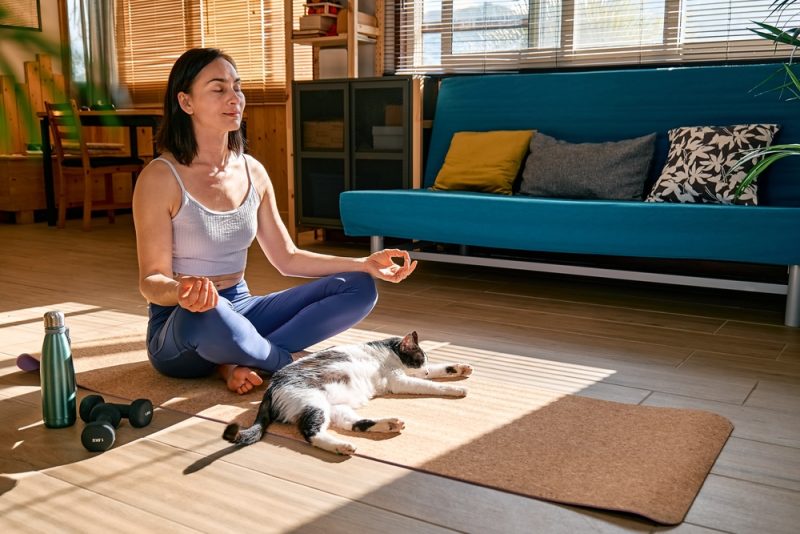 Woman practicing yoga and meditation at home sitting on yoga mat in lotus pose with her cat