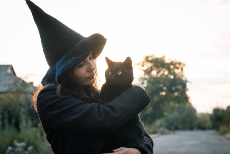 woman in halloween costume holding cat