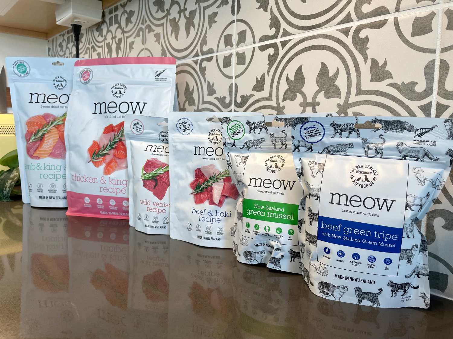 The New Zealand Natural Pet Food - products lined up on counter