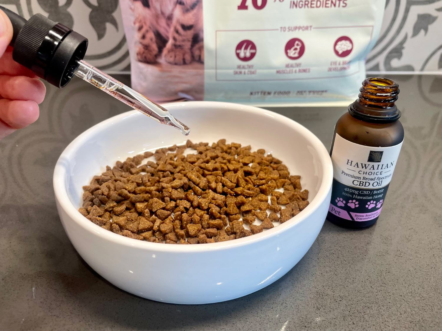 Rare Cannabinoid CBD Cat Oil - putting CBD oil onto makoa's food